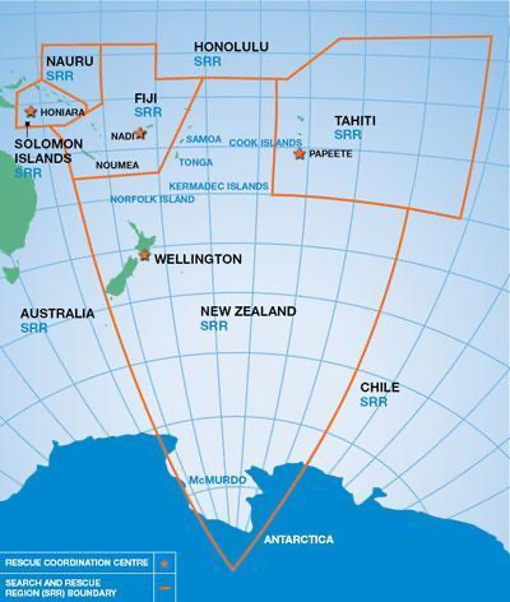 A map of the NZ Search and Rescue Region