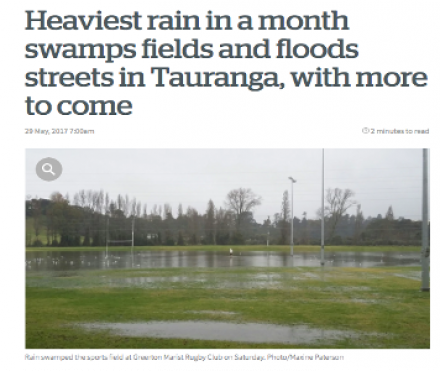 NZ Herald Article: Heaviest rain in a month swamps fields and floods streets, 29 May 2019